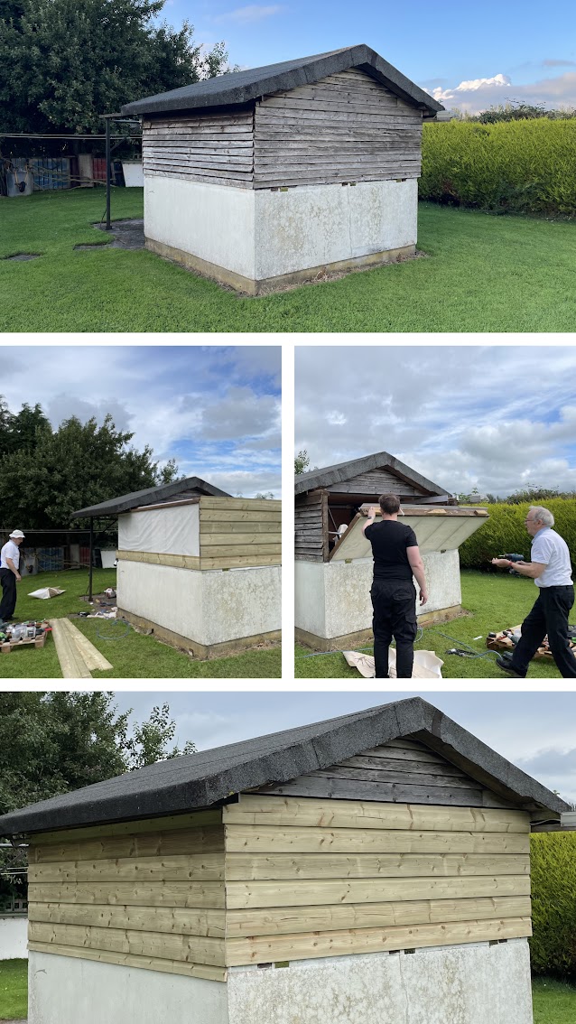 Building renovation collage showing before, during and after